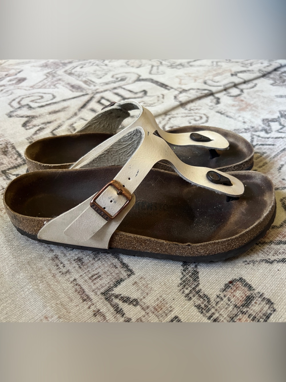 Birkenstock Pearl White Leather Toe-Post Sandals with Brown Footbed